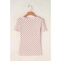 Pink Checkered Ribbed Slim Fit Crew Neck T Shirt - S thumbnail