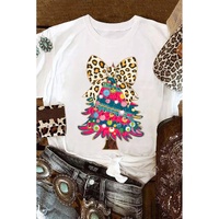 White Leopard Bow Decor Christmas Tree Graphic Crew Neck Tee - 2XL thumbnail