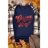 Blue Glittering Game Day Graphic Cuffed Sleeve Crew Neck T Shirt - S thumbnail