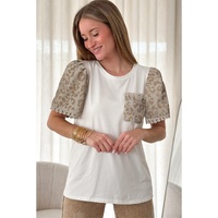 White Leopard Patchwork Crochet Lace Trim Puff Sleeve T Shirt - S thumbnail