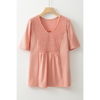Fushia Smocked Front V Neck Pleated Babydoll Short Sleeve Top - L thumbnail