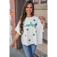 White St Patrick Lucky Clover Sequin Graphic T Shirt - M thumbnail