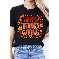 Black Happy Thanksgiving Leaves Print Crew Neck T Shirt - XL thumbnail