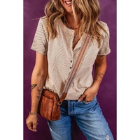 Oatmeal Short Sleeve Half Button Ribbed Knit Top - L thumbnail