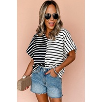 Black Stripe Two Tone Colorblock V Neck T Shirt - L thumbnail