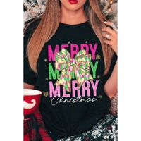 Black Merry Christmas Brushwork Bow Printed T Shirt - L thumbnail