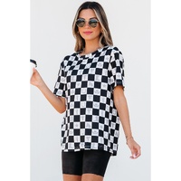 Black Western Fashion Checkerboard Print Side Split T Shirt - L thumbnail