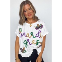 White Mardi Gras Tinsel Sequin Graphic T Shirt - L thumbnail
