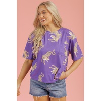 Purple Allover Tiger Printed Patch Pocket Loose T Shirt - XL thumbnail