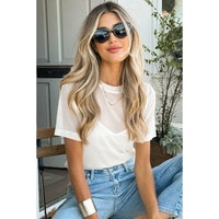 White Solid Color Sheer Mesh Patchwork Short Sleeve Top - XL thumbnail