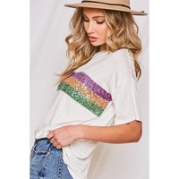 White Sequin Stripes Patchwork Mardi Gras Crew Neck T Shirt - XL thumbnail