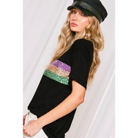 Black Sequin Stripes Patchwork Mardi Gras Crew Neck T Shirt - XL thumbnail