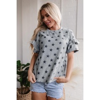 Gray Star Print Tiered Ruffled Sleeve Crew Neck T Shirt - S thumbnail