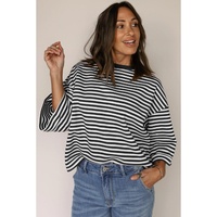 Black Stripe Bowknot Cutout Back Drop Shoulder Wide Bracelet Sleeve Loose Tee - L thumbnail
