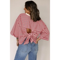 Red Stripe Bowknot Cutout Back Drop Shoulder Wide Bracelet Sleeve Loose Tee - XL thumbnail