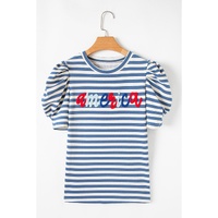 Blue Stripe America Cursive Graphic Puff Sleeve T-shirt - XL thumbnail