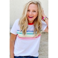 White Rainbow Stripe Print Contrast Crewneck T Shirt - S thumbnail