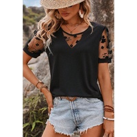Black Flora Lace Patchwork Crew Neck T Shirt - L thumbnail
