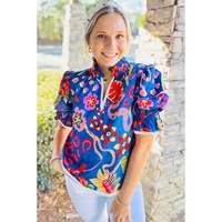 Blue Abstract Print Frilled Collar Ruffled Puff Short Sleeve Top - L thumbnail