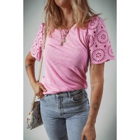 Pink Eyelet Embroidery Scalloped Sleeve Round Neck T Shirt - M thumbnail