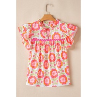 Rose Floral Ruffled Sleeve Ric-rac Trim Split Neck Loose Blouse - L thumbnail