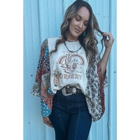 Multicolour Asymmetric Printed Patchwork Sleeve Peace Desert Graphic Top - M thumbnail