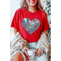 Red Rainbow Sequin Heart Shape Crew Neck T Shirt - 2XL thumbnail