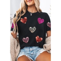 Black Sequin Heart Patched Pattern Crewneck Valentines Tee - S thumbnail