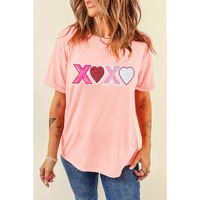 Pink Sequin Heart XOXO Patched Graphic Valentines T Shirt - XL thumbnail