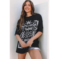 Black Paisley Print Crew Neck Loose Fit Tunic Tee - M thumbnail