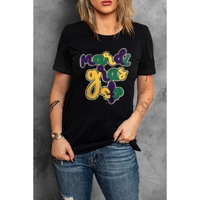 Black Chenille Mardi Gras Letter Graphic Tee - M thumbnail