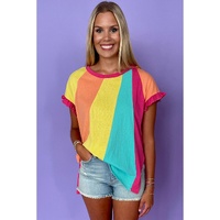 Rose Red Color Block Ruffled Crew Neck Loose Fit T Shirt - L thumbnail