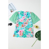 Green Floral Print Eyelet Embroidered Short Sleeve Crew Neck Top - M thumbnail
