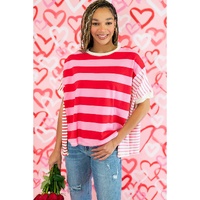 Pink Stripe Patchwork Round Neck Side Split Loose T Shirt - S thumbnail