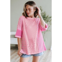 Pink Stripe Color Block Patchwork Loose Half Sleeve T Shirt - L thumbnail