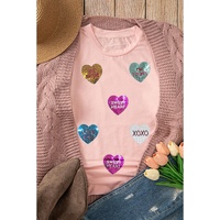 Pink Sequin Valentines Lettering Heart Patched Crewneck T Shirt - 2XL thumbnail