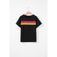 Black Striped Patch Front Casual Tee - L thumbnail
