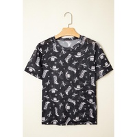 Black Western Pattern Mesh Sheer Crew Neck T Shirt - L thumbnail