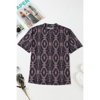 Brown Aztec Print Mock Neck Short Sleeve Mesh T Shirt - L thumbnail