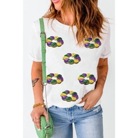 White Sequined Mardi Gras Pattern Crew Neck Short Sleeve Top - XL thumbnail