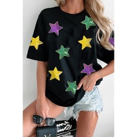 Black Colorful Sequin Stars Patched Relaxed T Shirt - M thumbnail