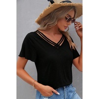 Black Crisscross V Neck Butterfly Sleeve T Shirt - S thumbnail
