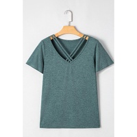Mist Green Crisscross V Neck Butterfly Sleeve T Shirt - L thumbnail