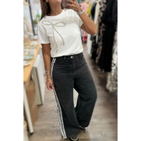 White Rhinestone Bow Embellished Round Neck Tee - S thumbnail