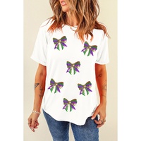 White Sequin Mardi Gras Bow Graphic Crewneck Tee - 2XL thumbnail