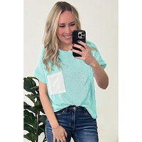 Light Blue Corded Knit Color Block Pocketed Crew Neck T Shirt - XL thumbnail