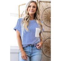 Dark Blue Corded Knit Color Block Pocketed Crew Neck T Shirt - M thumbnail