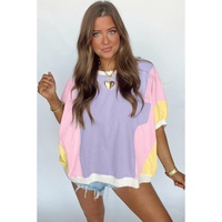 Purple Color Block Patchwork Half Sleeve Oversized T Shirt - L thumbnail