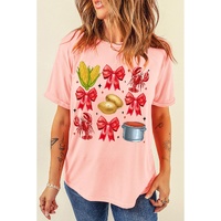 Pink Summer Food Bow Crawfish Printed T Shirt - M thumbnail