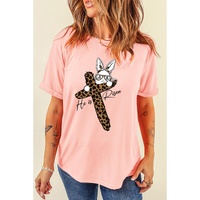 Pink He is Risen Easter Bunny Leopard Cross Graphic Tee - S thumbnail